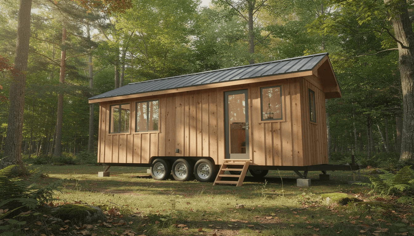 A small wooden tiny house on wheels is parked in a serene wooded clearing surrounded by tall trees This cozy tiny home features a stylish exterior and is designed for energy efficiency offering a spacious yet functional living space perfect for those looking to save money and embrace a simpler lifestyle