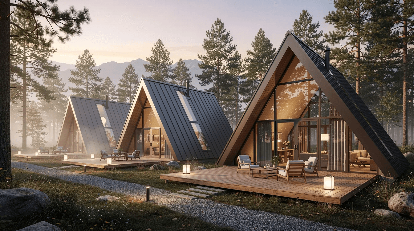 3393107c989d4af19bd85bfd7e3984ce The image showcases a collection of A frame homes featuring a distinctive triangular roof shape and large windows that invite natural light into the living area These frame house plans are designed for both vacation homes and year round living with spacious interiors that include loft areas and bedrooms perfect for enjoying nature and the outdoors