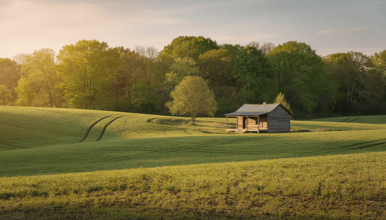 The image depicts rolling farmland in Indiana featuring a small cabin structure nestled among the fields with a backdrop of trees representing a serene example of tiny home living This picturesque setting highlights the beauty of rural life and the potential for tiny house communities in the area