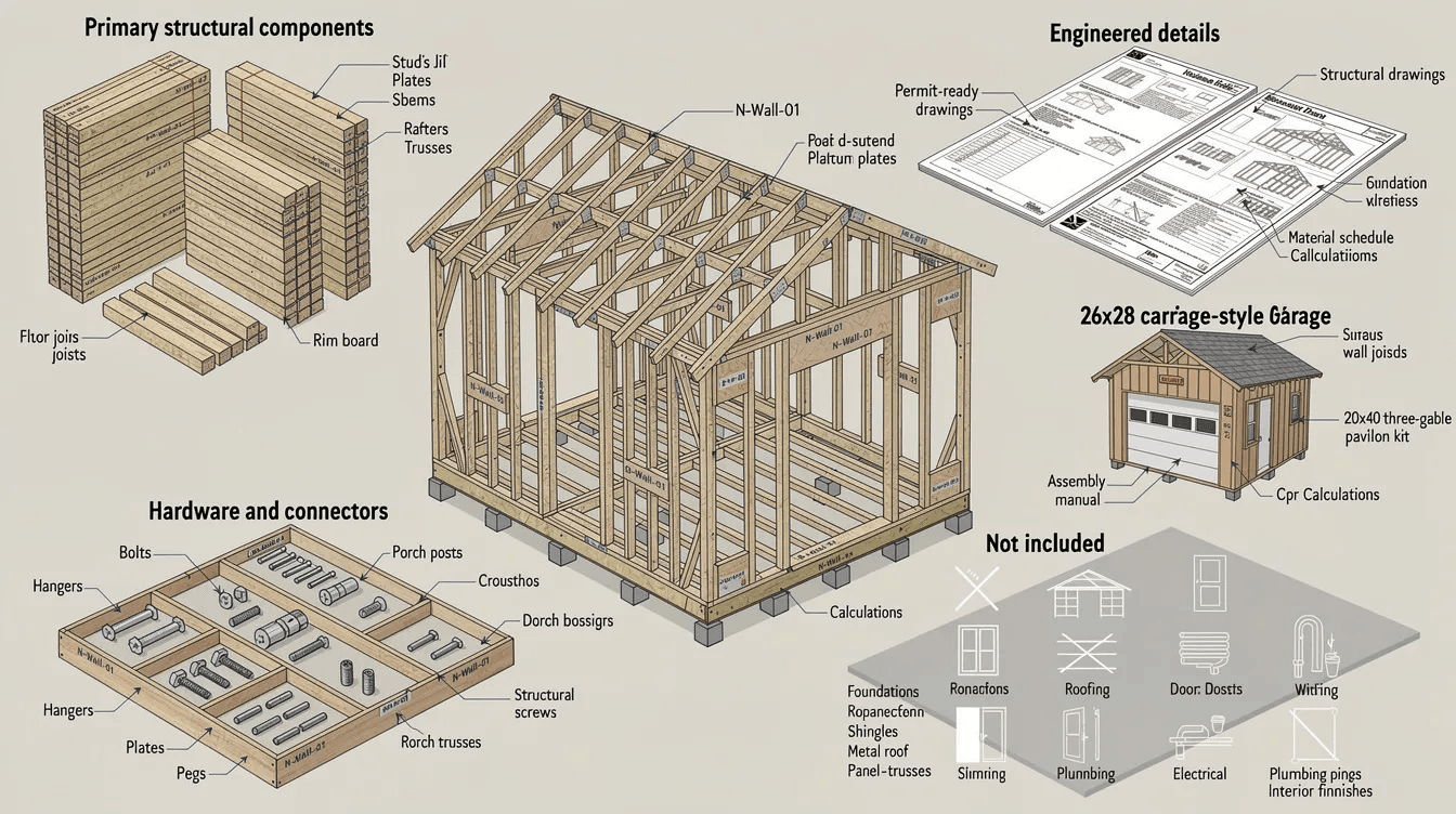 366500ad15b64b17b5bcd5bfef069501 The image depicts a typical house frame kit showcasing pre cut timber frame components such as wall studs beams and roof trusses all labeled for easy assembly Accompanying the structural elements are detailed instructions and engineered drawings ensuring a precise construction process for the project