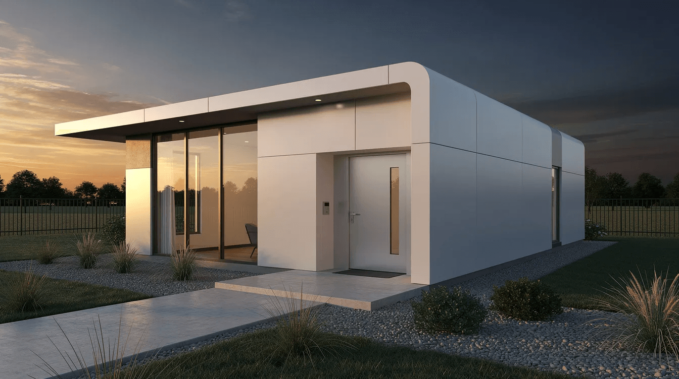 36775980433447898f9250b3a71d5b80 The image depicts a modern fiberglass house showcasing its unique modular construction with various shapes and sleek design elements This energy efficient structure assembled on site highlights the lightweight nature and durability of fiberglass materials making it a long lasting and low maintenance option for homeowners