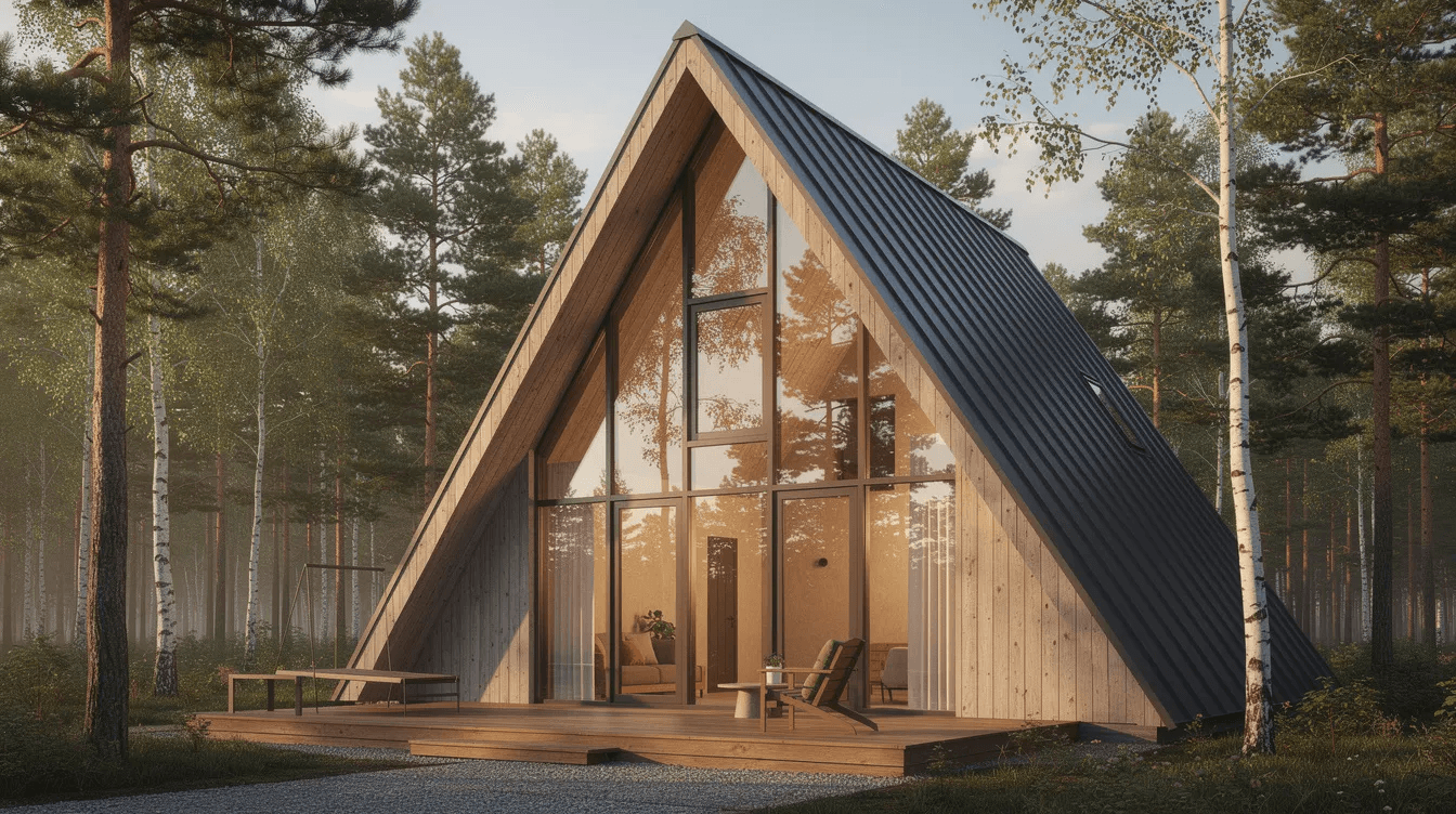 371bf22428614526a6aa7437ad5884f9 The image shows a charming A frame house nestled in a picturesque natural setting with large windows allowing ample natural light to flood the interior This frame house designed for energy efficiency features a steep roof that elegantly contrasts with the surrounding mountains making it an ideal vacation home for winter getaways