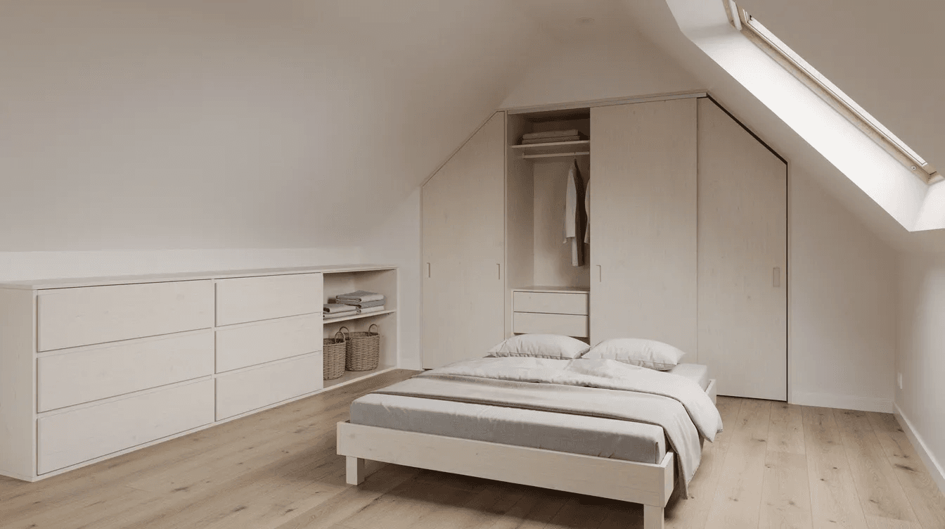 3737d9eadf324882b235ce04b4f90012 The image depicts a cozy A frame bedroom featuring built in storage cleverly designed under the eaves with custom drawers and cubbies extending along the wall The warm wood finishes and sliding doors create a welcoming atmosphere maximizing space while maintaining the room's charm and simplicity.