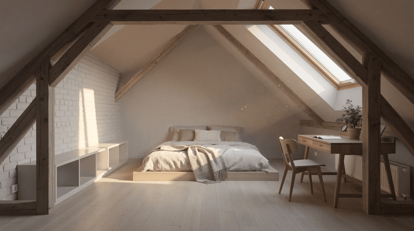 37a7e872dda245d99d9639fe706119bc The image depicts a cozy A frame loft with a spacious living area featuring large windows that allow natural light to flood in highlighting the wooden beams and contemporary interior design A dining table surrounded by chairs and a comfortable sofa create a warm and inviting atmosphere making it an ideal space for family gatherings