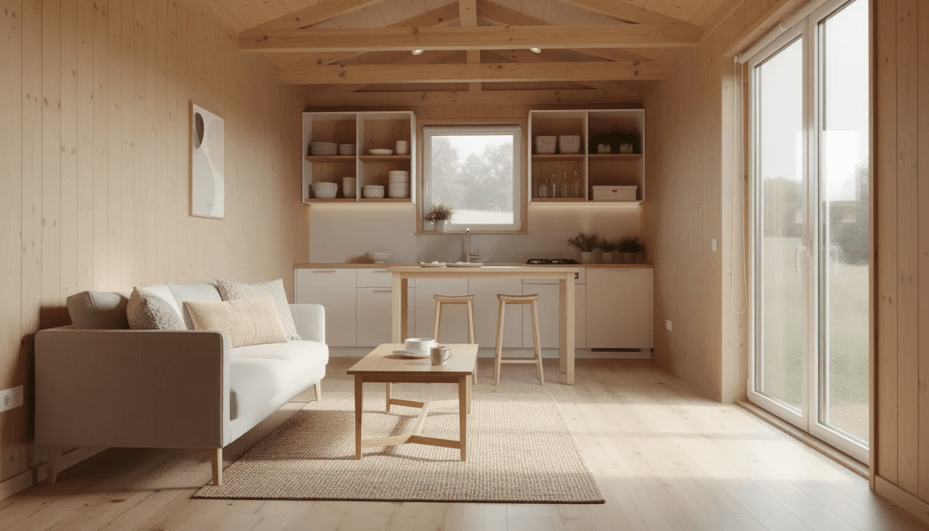 The image depicts the interior of a cozy tiny house featuring an open kitchen and living area characterized by warm wood floors and large windows that allow ample natural light This layout highlights the efficient use of space typical in two bedroom tiny house plans making it ideal for small living while maintaining a welcoming atmosphere