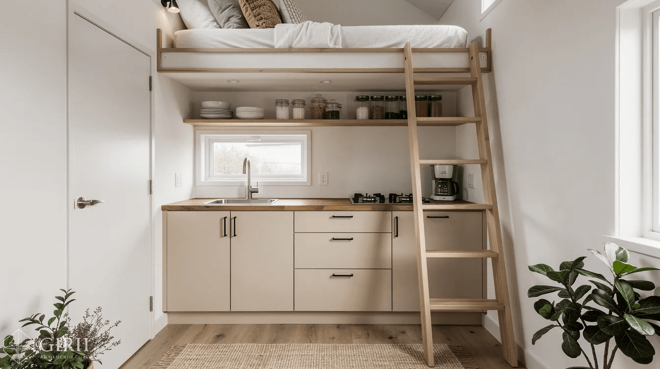 The interior view of a tiny house showcases a compact kitchen with light wood cabinets featuring a sleek sink and a ladder leading to a cozy sleeping loft above This modern space is designed to maximize functionality while providing a warm and inviting atmosphere filled with natural light