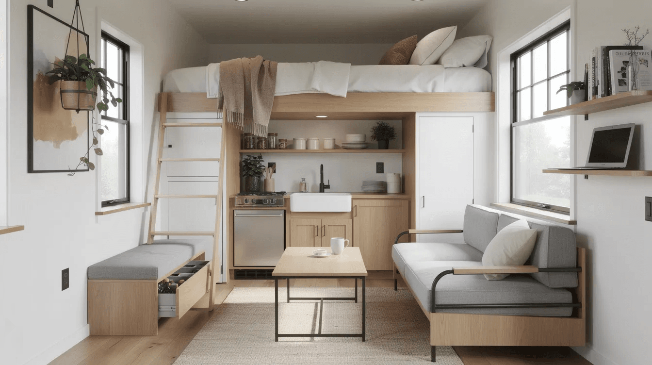 The image depicts the interior of a tiny home featuring a cozy sleeping loft a compact kitchen equipped with multi functional furniture and a versatile living area that maximizes space This design exemplifies the charm of tiny home living showcasing how small living spaces can provide comfort and practicality without sacrificing style