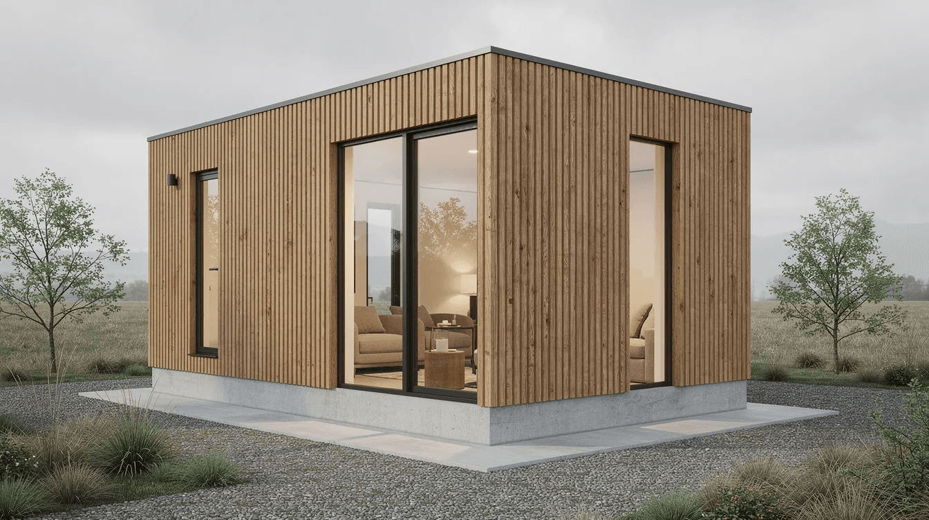 3a0c394d81cc40789227ef2f4d60ea2d This image features a compact modern tiny home with vertical wood cladding and large windows set on a concrete foundation The design emphasizes energy and space efficiency showcasing a practical living space that reflects the principles of Japanese tiny living culture