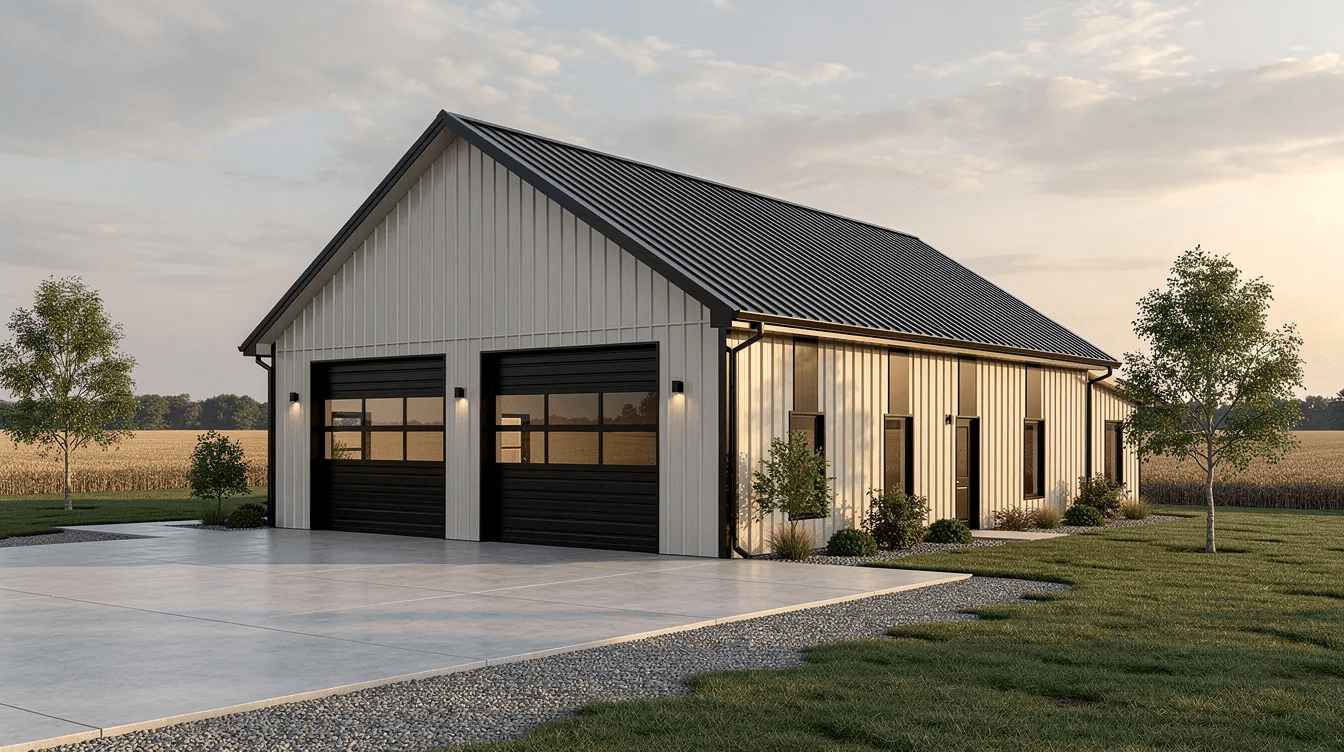 3a68b1fda04942ceb61657707b4c2a3c The image shows an exterior view of a completed barndominium featuring sleek metal siding and large garage doors showcasing a modern building style that emphasizes durability and energy efficiency This steel building is designed with customization options in mind highlighting its potential as a custom home that meets specific needs and local requirements