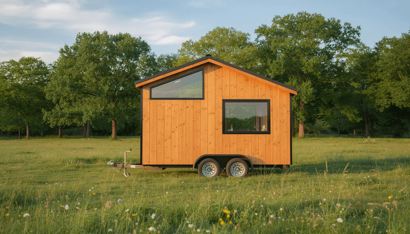 A small wooden tiny house on wheels is parked in a grassy meadow surrounded by trees showcasing its natural light and high quality materials This affordable tiny home features a charming porch and an open feel making it an ideal off grid retreat