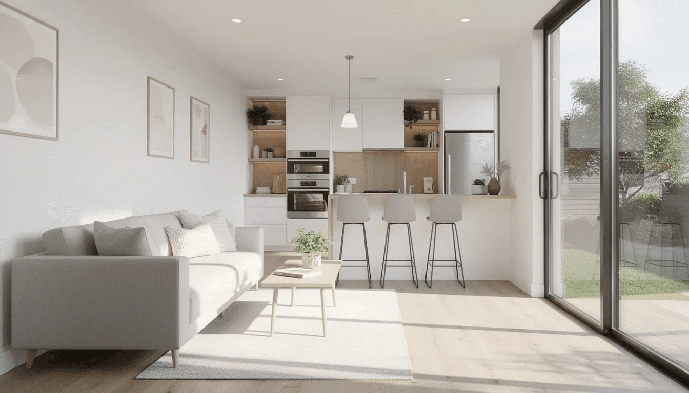 The image depicts the interior of a modern compact accessory dwelling unit ADU showcasing an open kitchen and living area filled with natural light from large windows This efficient living space highlights the use of sustainable housing principles making it an ideal choice for affordable housing options like prefab ADUs