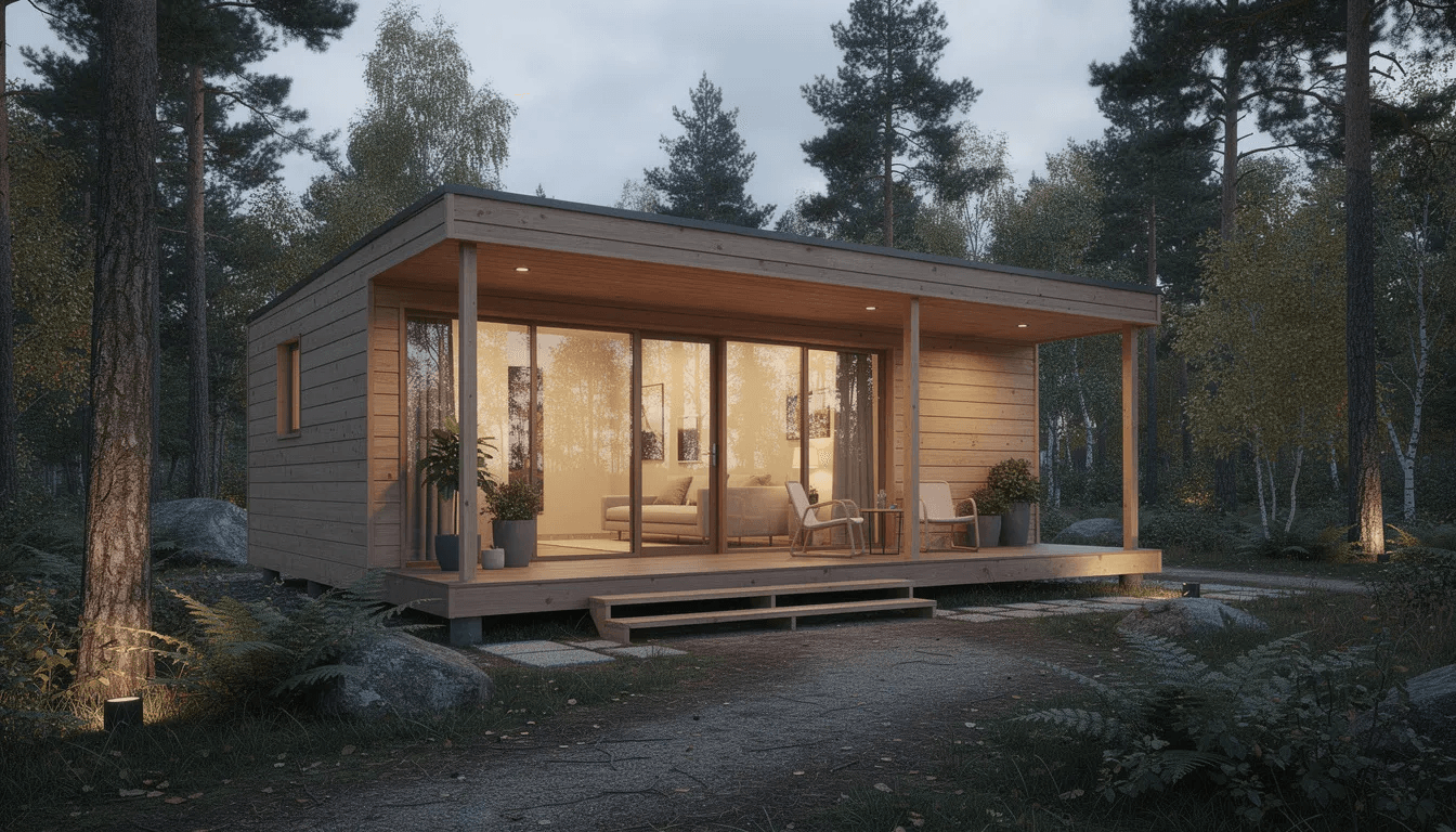 The image depicts the exterior of a modern tiny house a cozy wooden cottage featuring large windows and a covered front porch all surrounded by lush trees This charming 500 square foot home emphasizes minimalist living with its functional design and outdoor living space perfect for relaxation and enjoying nature
