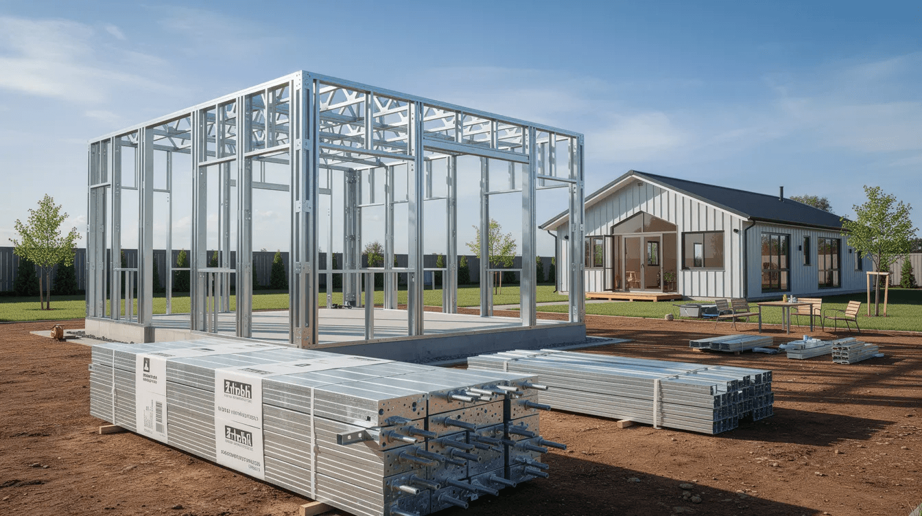 3ee5b1bdf37341dea4130b995d3a1f8f The image showcases a modern metal frame home kit highlighting its steel framing and wall panels that provide durability and energy efficiency The design emphasizes customization options and future needs making it a practical choice for various building styles and local requirements