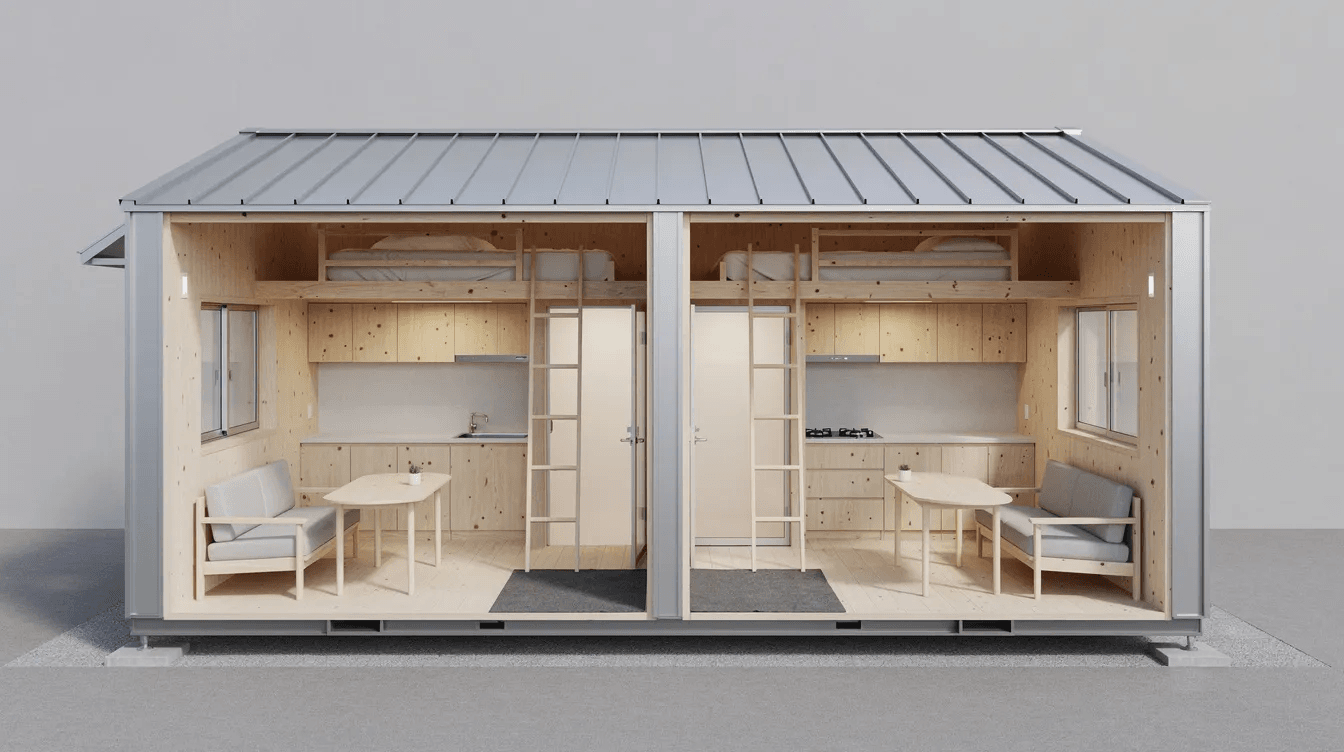 3fcf1ec2847d4b74b6a7a74e6200f9ec The image showcases the Yamabiko tiny house a unique dual living space designed for privacy within a limited footprint Each side features a lofted sleeping area compact kitchen and lounge all under a sleek Galvalume steel exterior reflecting modern Japanese design principles for small spaces