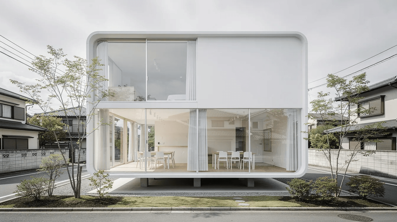 3fe1eddae8894120a1561d529a494c4e The image depicts a modern small house designed by Kazuyo Sejima featuring a unique facade with operable windows and a spiral staircase connecting the ground floor to the first floor This Tokyo home is wrapped in glass and divided into open spaces that blend seamlessly with surrounding gardens creating a harmonious living environment