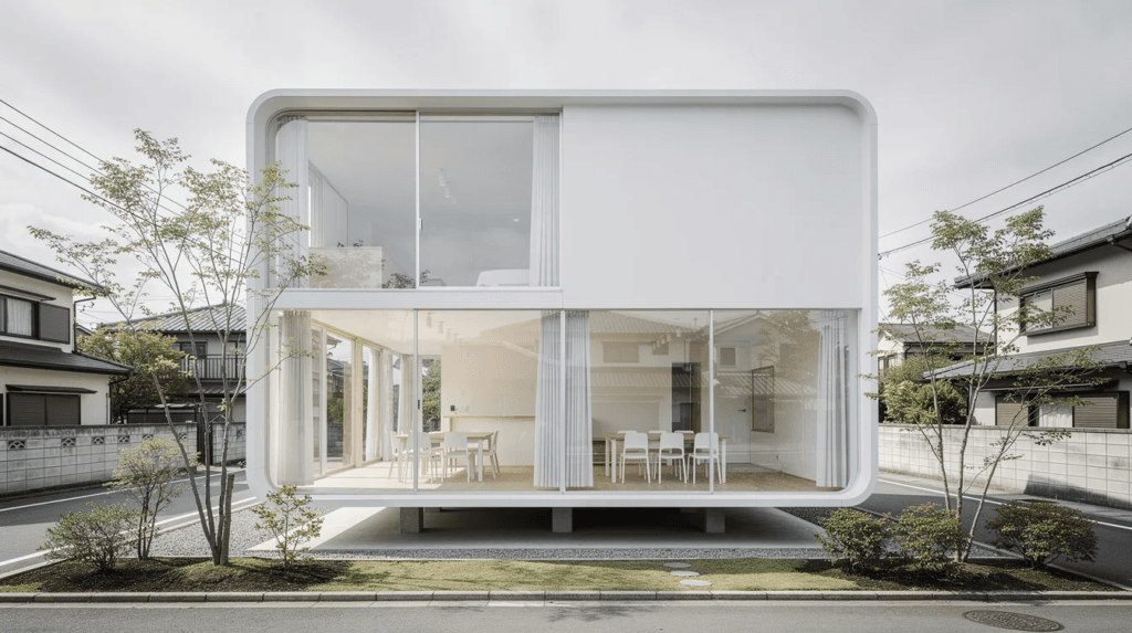 3fe1eddae8894120a1561d529a494c4e The image depicts a modern small house designed by Kazuyo Sejima featuring a unique facade with operable windows and a spiral staircase connecting the ground floor to the first floor This Tokyo home is wrapped in glass and divided into open spaces that blend seamlessly with surrounding gardens creating a harmonious living environment