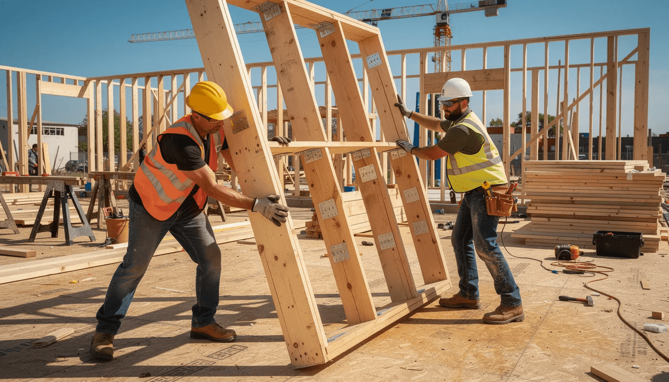 Two people are collaborating to raise a wooden wall frame at a construction site showcasing teamwork in the building process of a potential log cabin or tiny home The scene emphasizes the importance of quality construction and adherence to local building codes while working on their dream cabin project