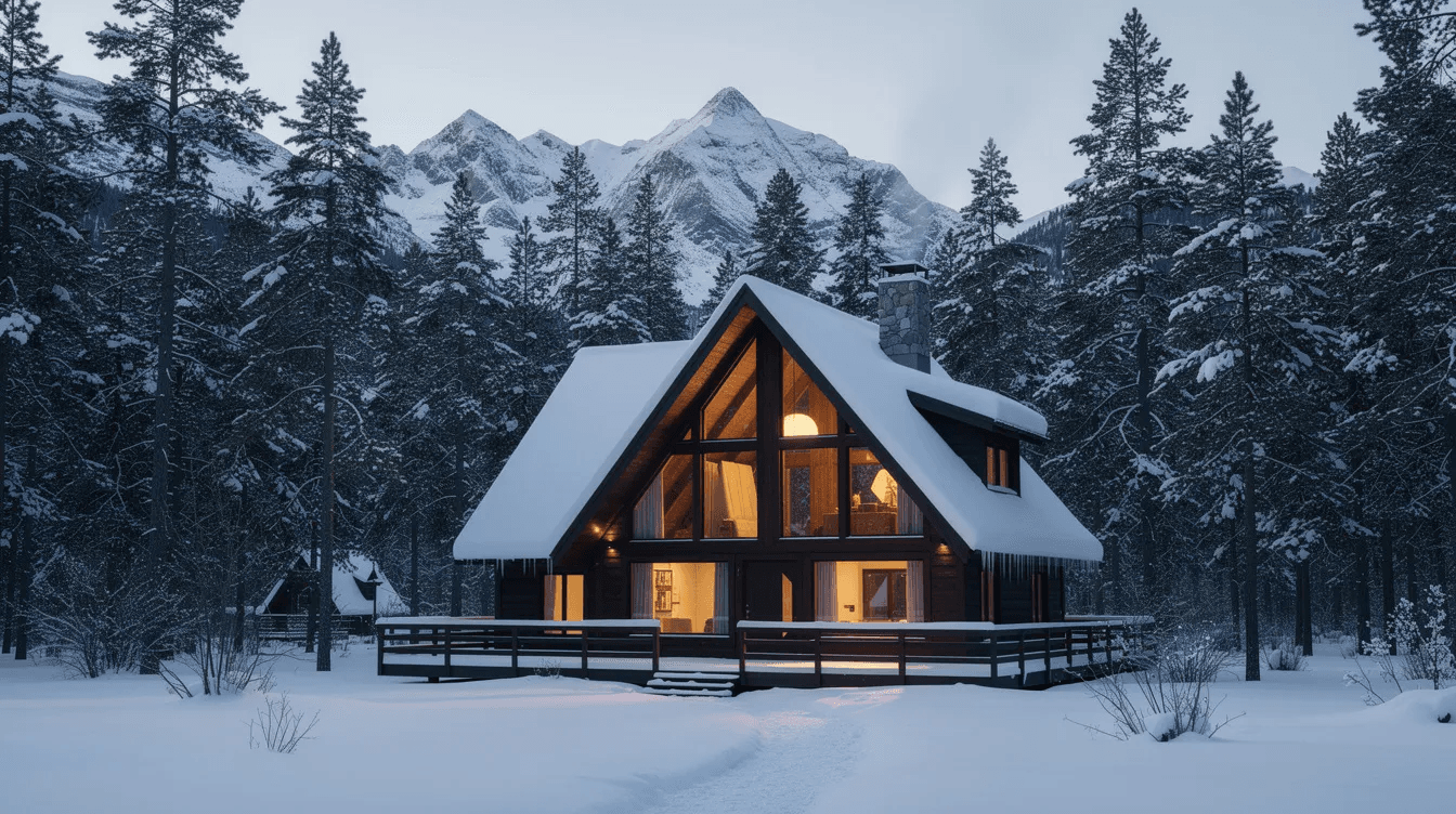 400c62ae75de4b6c987022c9408fc7b8 An A frame house is nestled among tall pine trees in a snowy mountain setting showcasing its distinctive triangular roof and large windows that allow natural light to flood the interior The heavy snowfall blankets the ground creating a picturesque winter vacation home surrounded by serene natural surroundings