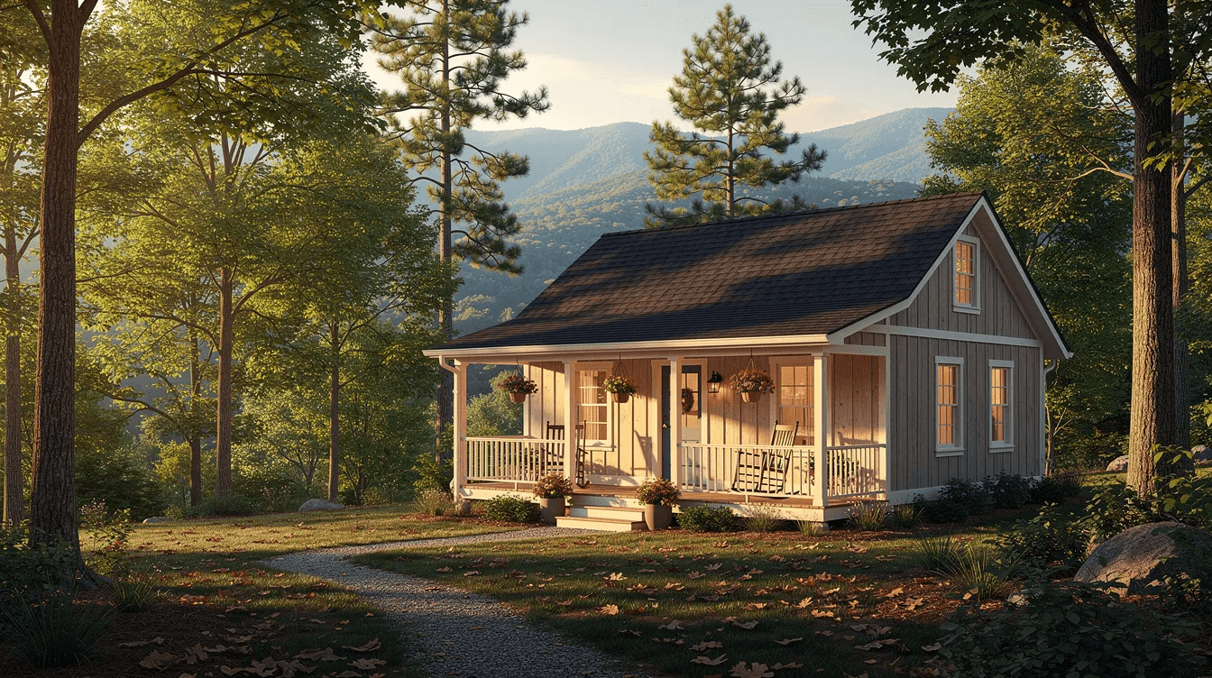 A cozy cottage style home with a welcoming porch is nestled among lush trees in a picturesque Georgia mountain setting highlighting the charm of tiny living This scene reflects the appeal of tiny homes in rural areas where local zoning regulations often support affordable housing solutions