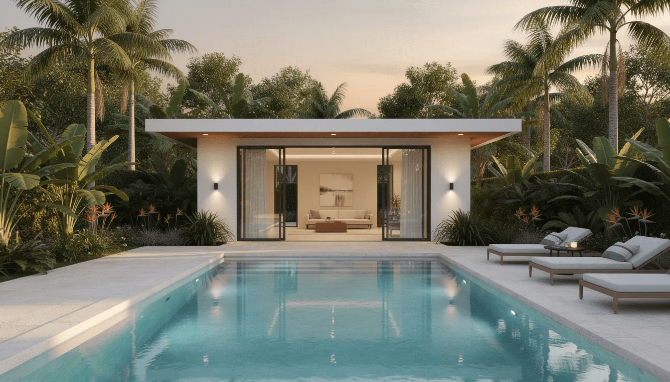 The image depicts a modern pool house featuring expansive glass doors that open to a spacious pool deck surrounded by lush tropical plants This inviting outdoor space offers a perfect balance of relaxation and luxury ideal for enjoying the Florida lifestyle
