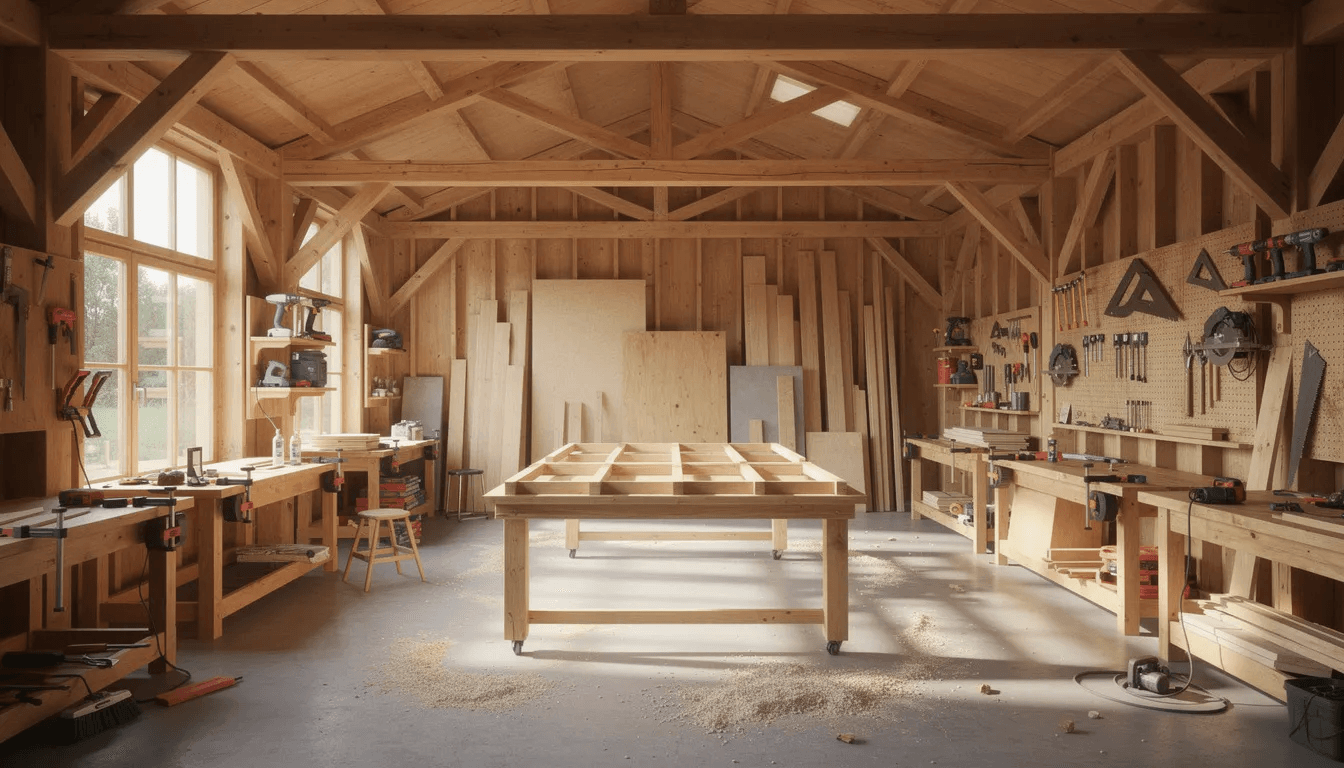 The image shows a spacious workshop interior featuring timber framing and various construction tools highlighting the quality and details involved in creating tiny homes This inviting space reflects the craftsmanship necessary for building dream tiny homes in Atlanta GA