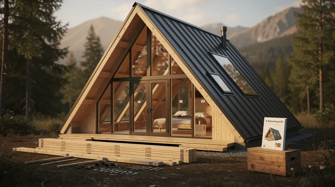 43205c2f959c412490dc1ae140921598 The image features a charming A frame house kit showcasing its unique triangular design and metal roofing nestled in a scenic natural setting This affordable vacation home includes built in cabinets and a cozy loft ideal for those dreaming of a tiny house lifestyle or a primary residence that harmonizes with nature