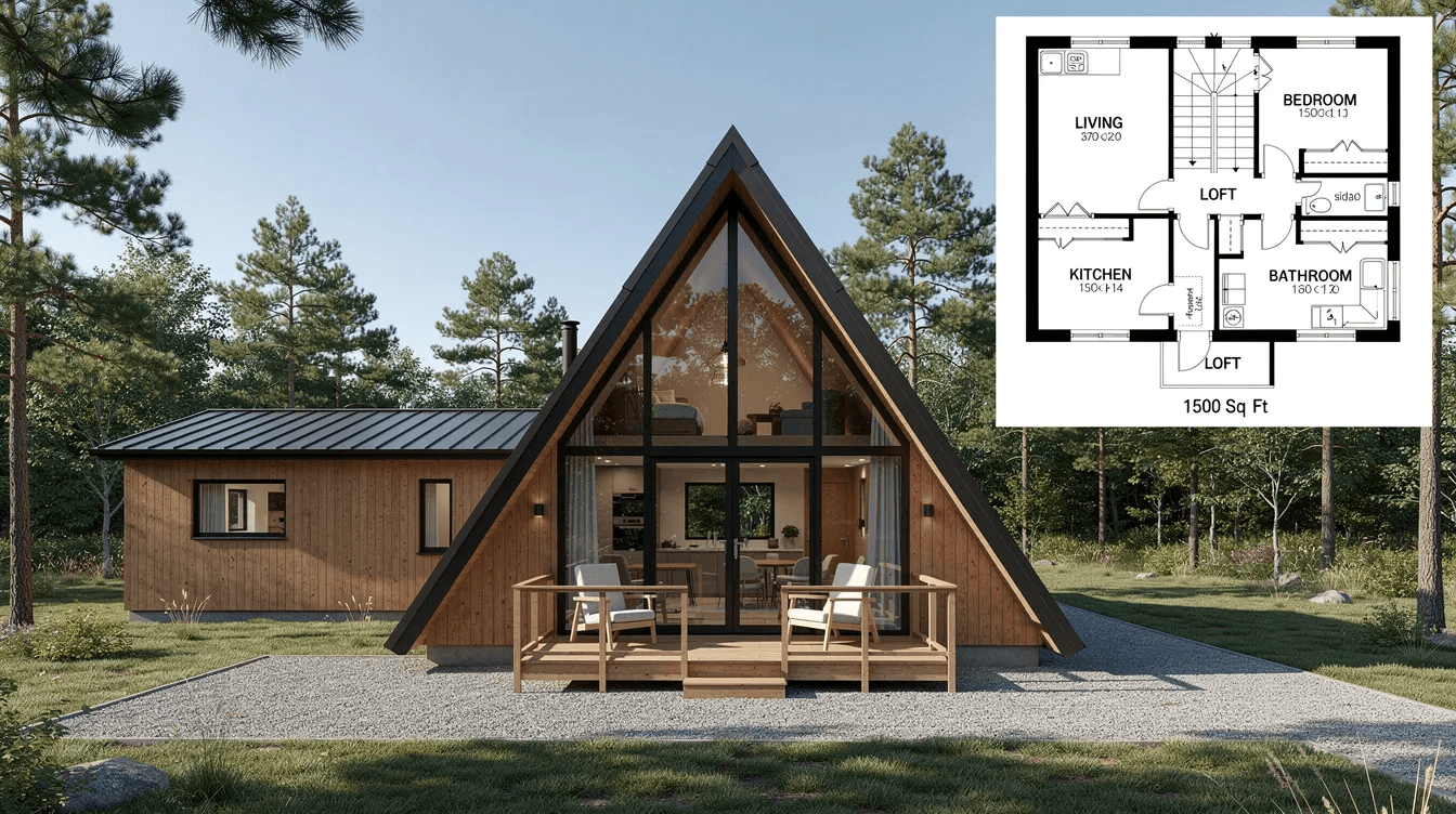 43dad1fccd0945b2b46078668fe1538b The image depicts a detailed A Frame house plan for a 1500 sq ft home showcasing large windows and a loft space that enhances the living area The design features a sloped roof and foundation walls making it ideal for vacation homes or year round living even in regions with heavy snowfall