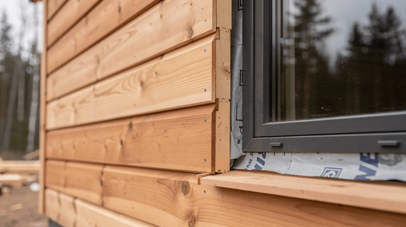 A close up view of a cabin shell construction reveals detailed wood siding and the installation of windows showcasing the quality materials used in building this dream cabin The image highlights the framing process including wall studs and house wrap essential for ensuring durability and insulation