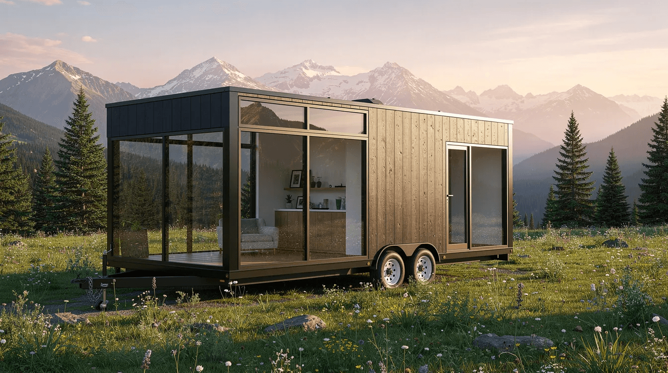 A sleek modern tiny house on wheels is parked in a picturesque mountain meadow featuring large windows that reflect the stunning natural surroundings This compact dream home showcases premium materials and offers an enjoyable living experience with its spacious layout and standard features including a full bathroom and butcher block countertop