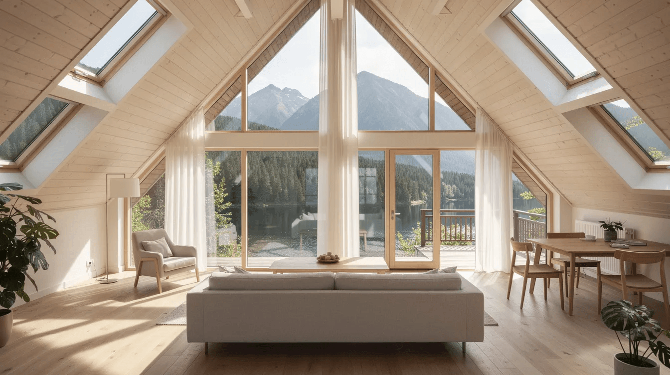 454b947a4ec640c99b5d6e27adaff921 The image depicts the interior of a beautifully decorated a frame house showcasing a bright and airy living space with large windows that maximize natural light and offer stunning views of the surrounding landscape The room features warm wood beams contemporary furnishings and a cozy dining area creating a harmonious blend of comfort and style