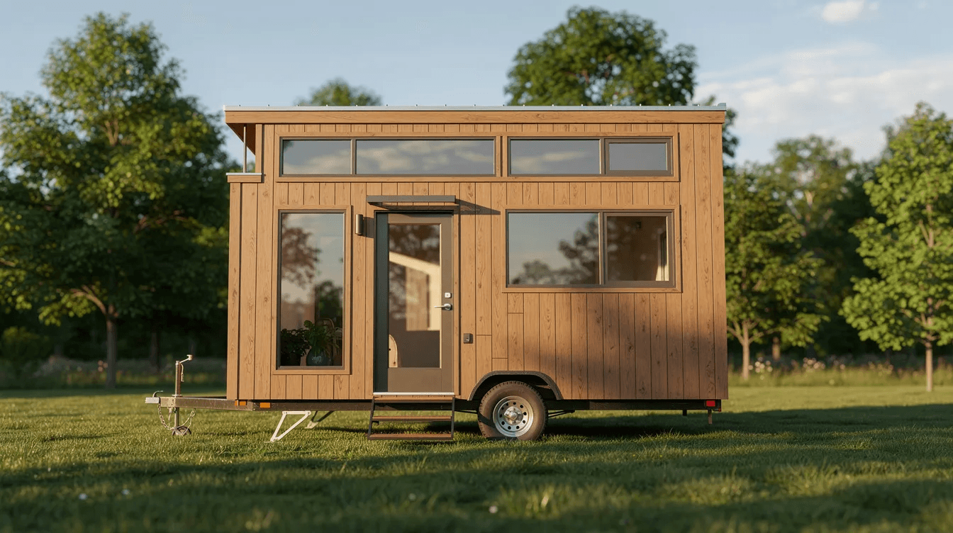 A completed tiny house on wheels is parked in a grassy area surrounded by trees showcasing a modern design and functional space This mobile home represents a great idea for those looking to own a tiny house and save money while enjoying a cozy new home