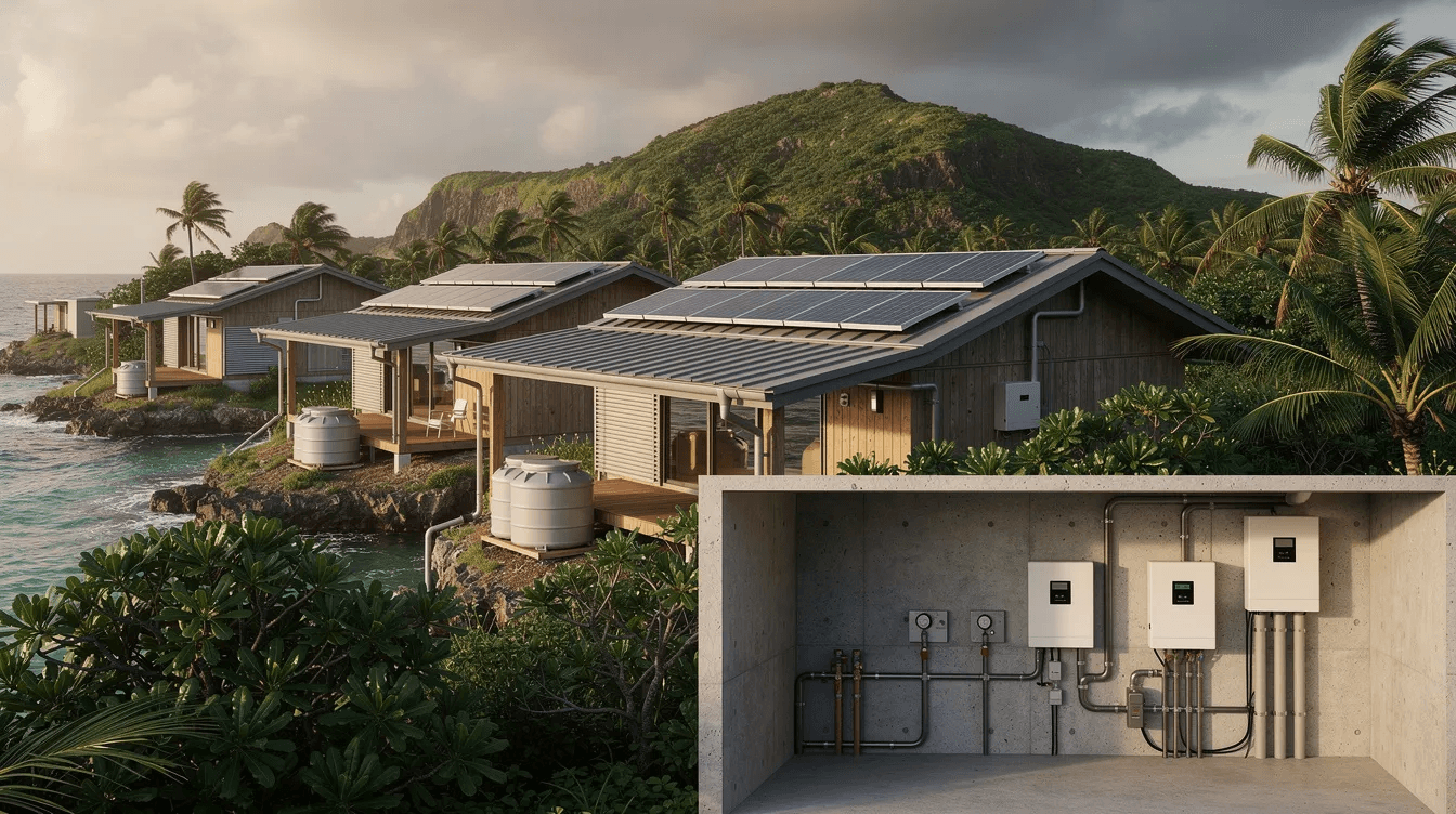 The image depicts a series of small houses on off grid islands featuring metal roofs designed for rainwater harvesting and solar collection These robust structures built to withstand typhoons showcase minimalist architecture with combined living spaces creating a comfortable home for a young family amidst beautiful natural surroundings