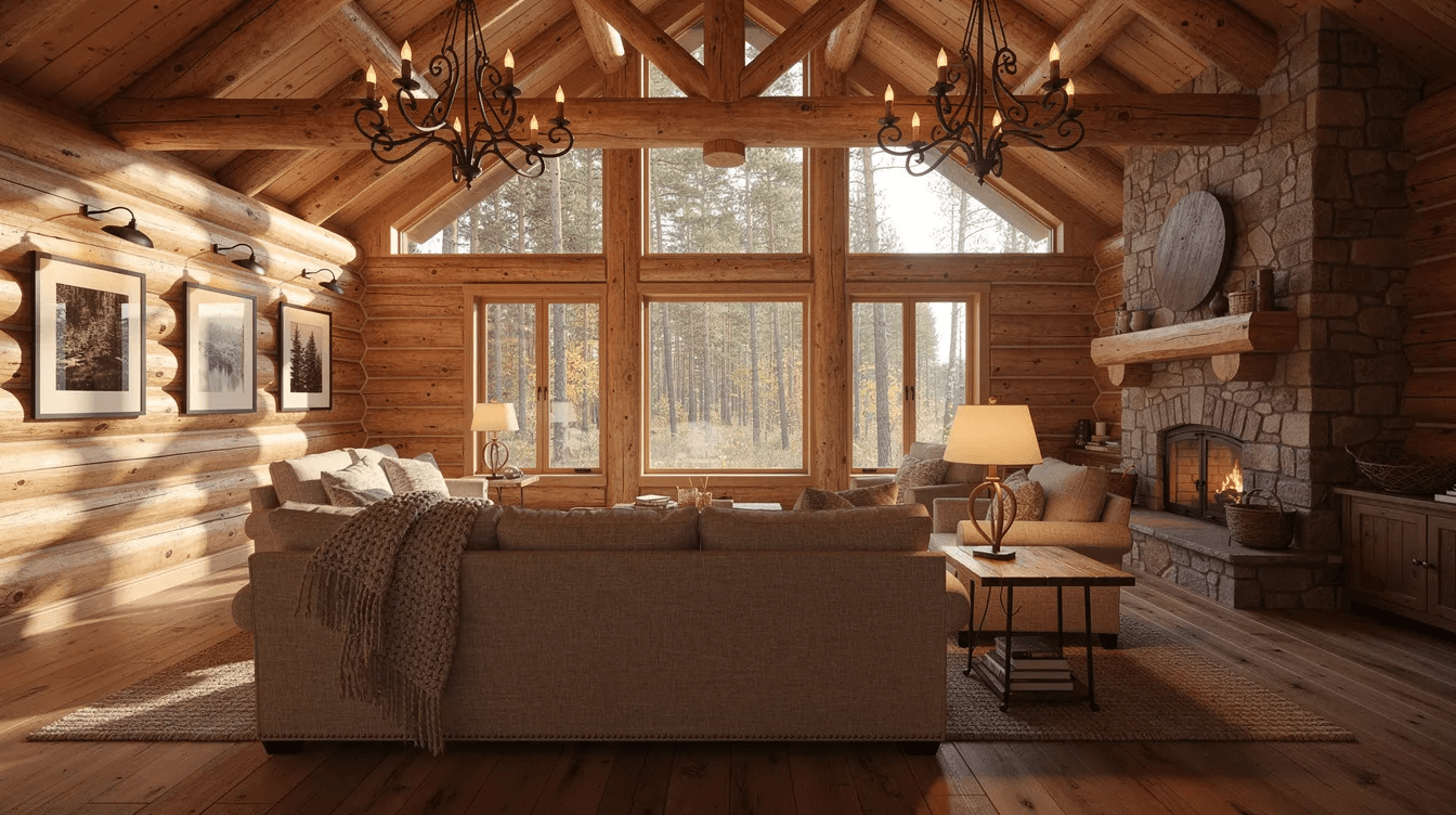The interior of a log cabin great room showcases beautiful logs with exposed beams and large windows that invite natural light creating a warm and inviting atmosphere This space reflects the charm and quality of a dream log home perfect for family gatherings and relaxation