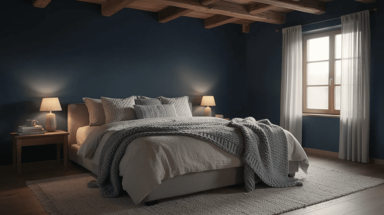 481658790e0d4f3e81b67f05dac7ff03 The image depicts a cozy frame bedroom with deep blue walls and exposed wooden beams featuring layered bedding that invites relaxation This welcoming space combines warmth and charm making it the perfect getaway for friends and family