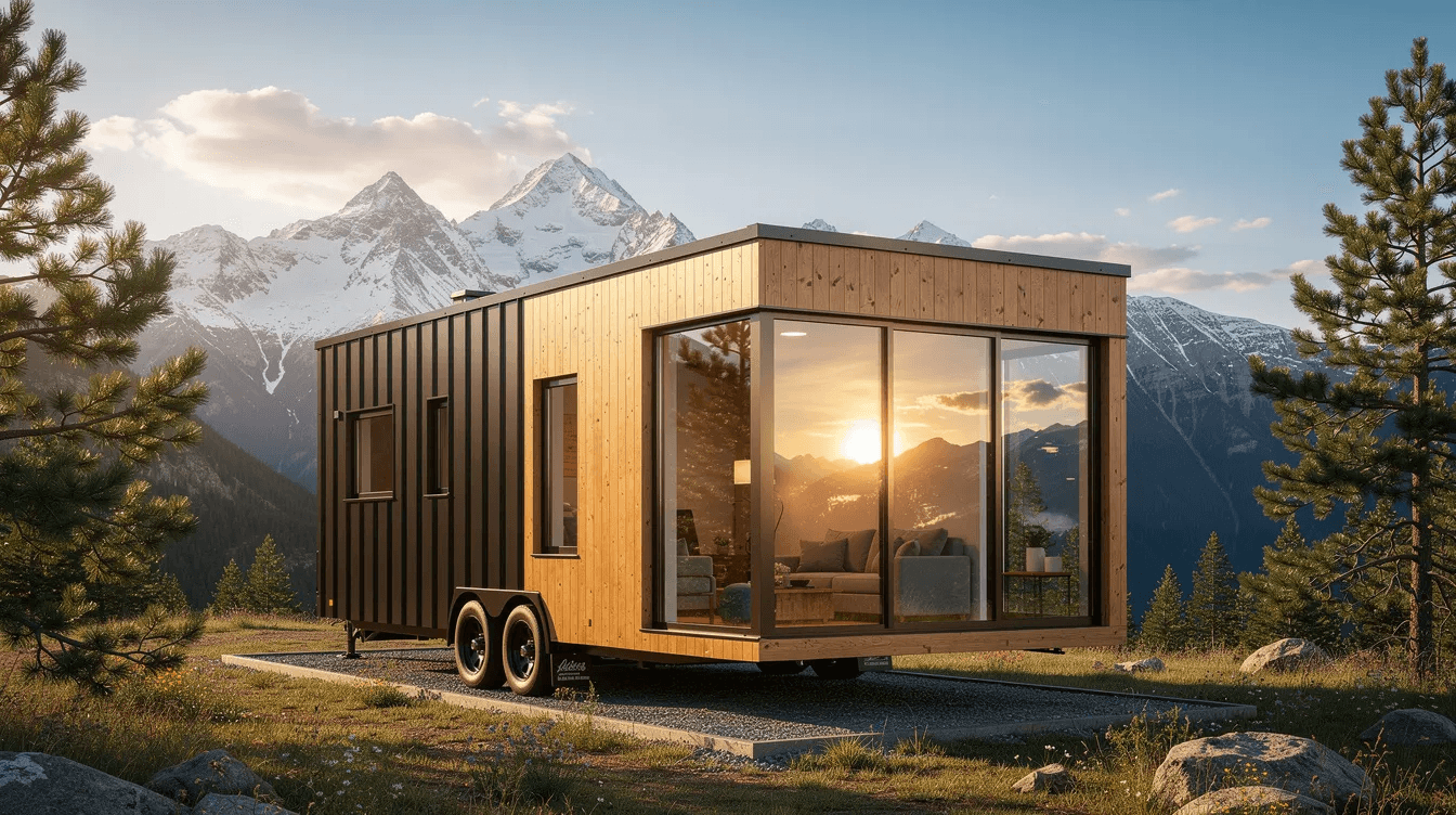 A modern tiny home on wheels is parked in a picturesque mountain setting showcasing large windows that reflect the sunlight and invite natural light into the spacious interior This custom tiny home offers a perfect blend of modern design and durable construction making it an ideal option for those interested in tiny home living