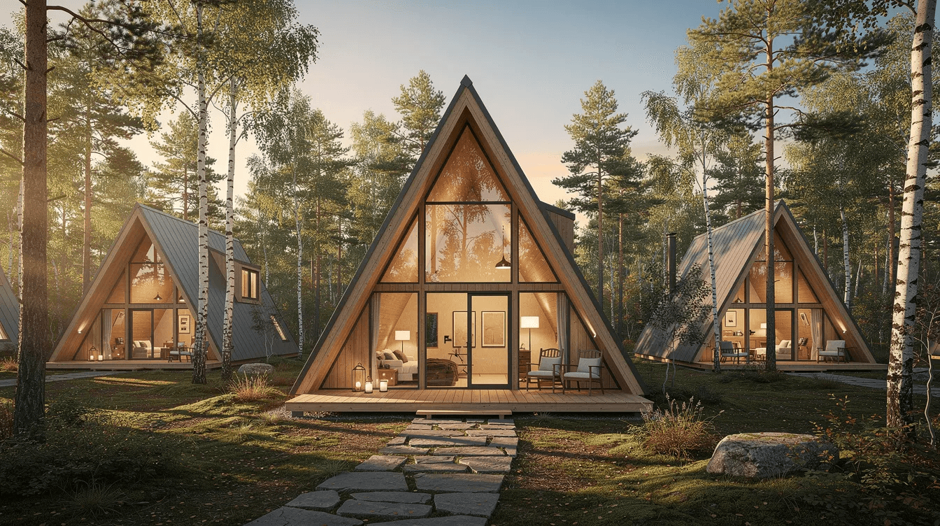 493031bb23b04443aceac11e5202cacd The image showcases a modern A frame house nestled in a natural setting featuring a steeply pitched roof and large floor to ceiling windows that invite abundant natural light into the living space This unique triangular shaped home combines simple construction with energy efficient design making it an ideal vacation home or perfect getaway