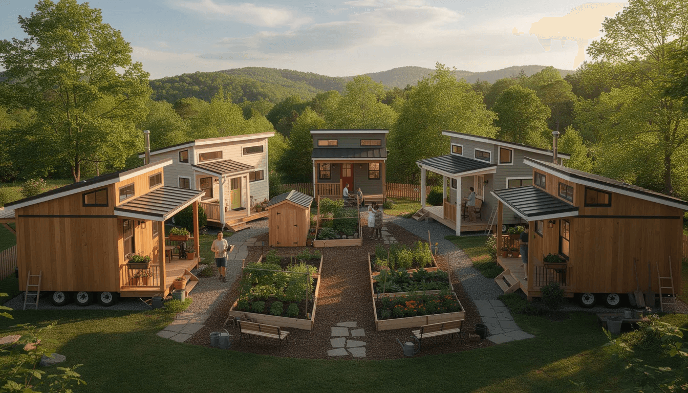 A small cluster of tiny houses is nestled in a Virginia community featuring a shared garden space where residents can connect and enjoy the benefits of tiny home living This charming setting highlights the dream of sustainable and community focused housing in the heart of the state