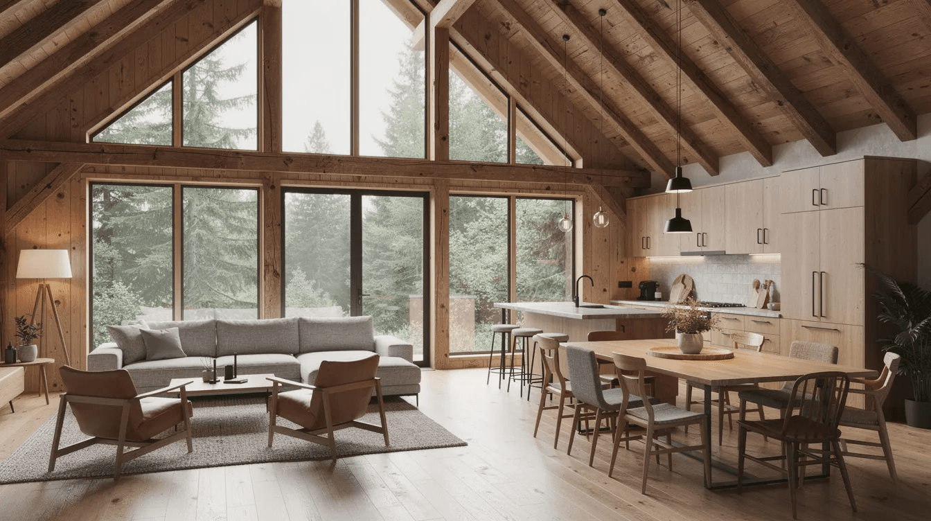 4a4a08b5d0c94b6a89098c9122c83107 The image depicts a cozy A frame cabin great room featuring exposed beams and large gable windows that flood the space with natural light The open floor plan seamlessly integrates the living dining and kitchen areas creating a warm and inviting atmosphere with earthy tones and contemporary design elements
