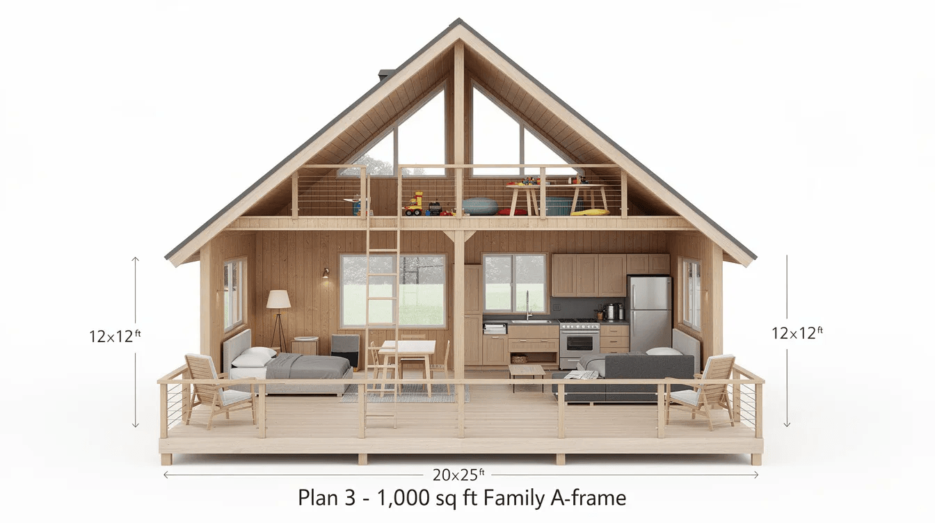 This image features the floor plan of a 1000 sq ft A frame house showcasing two main floor bedrooms a combined livingdining area and a U shaped kitchen The design includes a loft playroom and a front deck under the eaves emphasizing open floor plans and maximizing natural light within the A frame structure