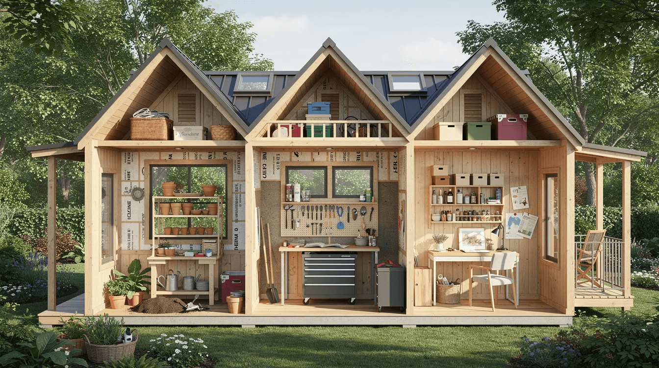 The image depicts a versatile A frame shed designed for specialized uses featuring double doors and multiple windows for ample natural light Inside there's a potting bench, workbench, and desk areas, showcasing its potential as a garden, workshop, or hobby space, all while reflecting a cozy retreat style.