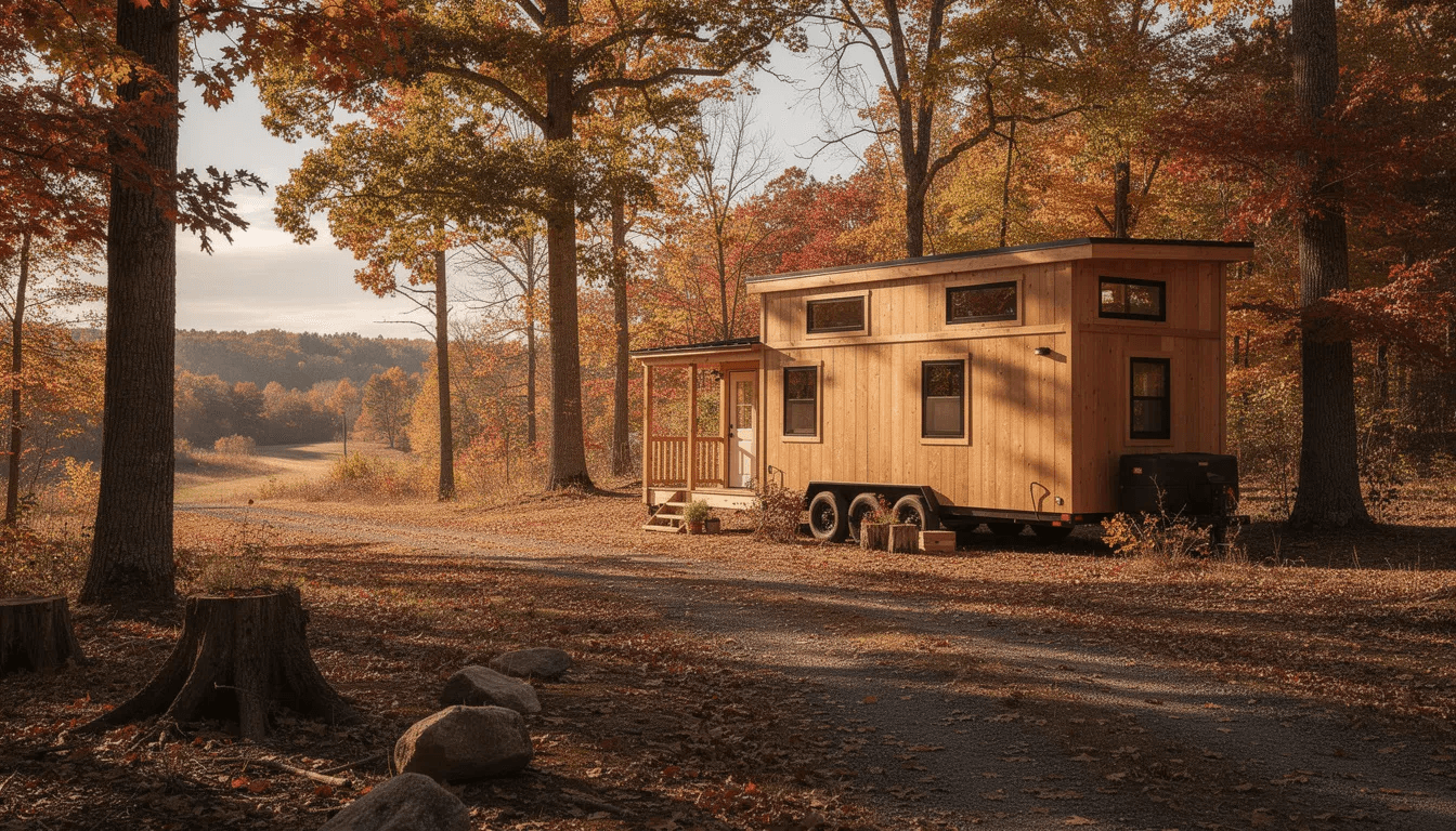 A cozy tiny house on wheels is nestled among vibrant autumn leaves in a wooded Virginia setting showcasing the charm of tiny home living amidst nature This picturesque scene highlights the benefits of a simpler lifestyle perfect for those dreaming of a tiny house in the beautiful Virginia countryside