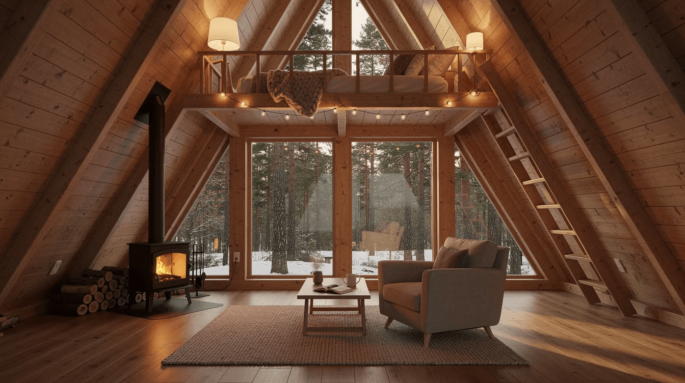 4d522093a95c445395b59542151064ca The image depicts the interior of a cozy A frame house featuring a wood stove a loft bedroom and large floor to ceiling windows that fill the living space with natural light The steeply pitched roof adds to the charm of this modern living environment ideal for a vacation home or primary residence