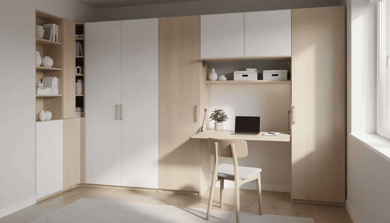 The image depicts the interior of a small home showcasing built in storage cabinets and a fold down desk ideal for maximizing space in a 600 sq ft tiny home The design reflects a practical approach to living combining functionality with style in this compact environment