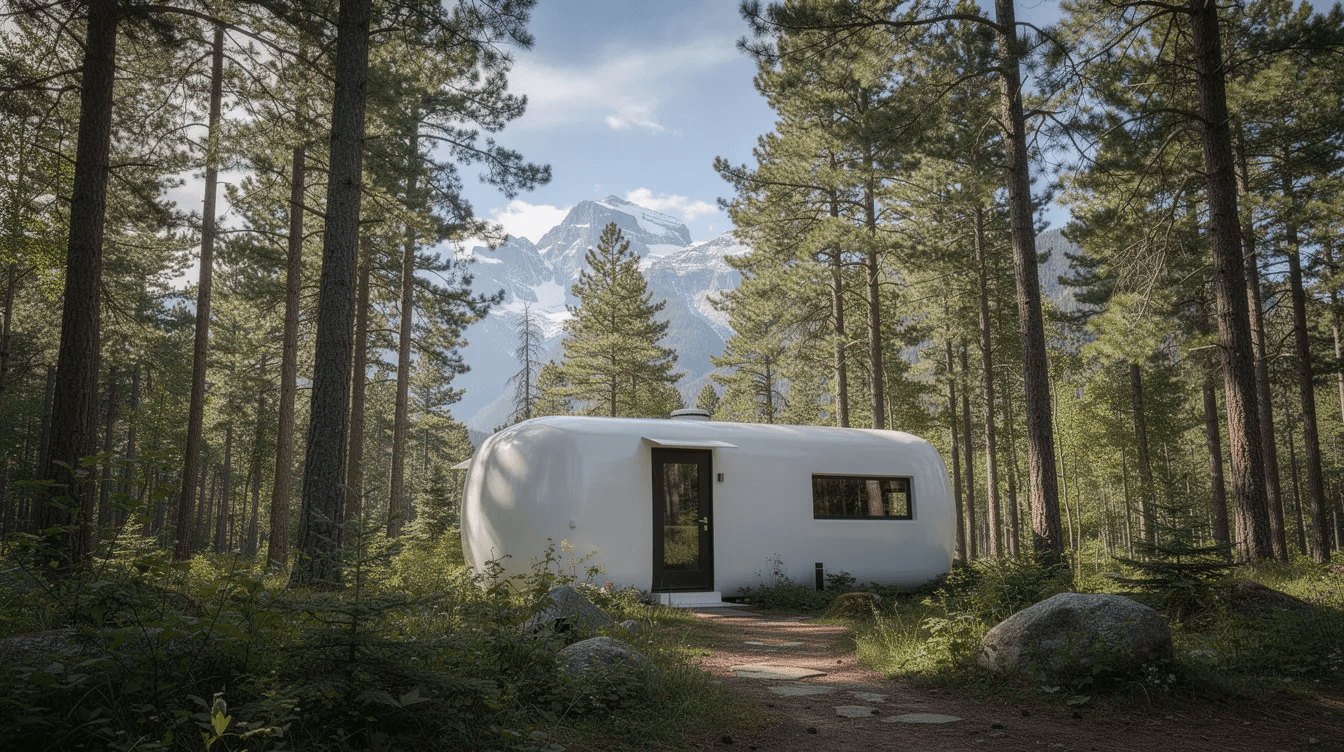 4e5677a2714f4a2cacc15940a3480ef6 A small white fiberglass cabin is nestled among tall pine trees set against a stunning mountain backdrop This modern structure showcases the benefits of modular construction offering customization options and energy efficiency in a durable and low maintenance design