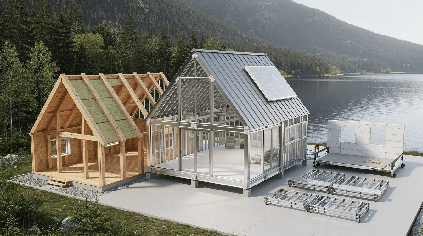 5029ed608e3546b3a0c571bf8f437163 This image showcases various frame options for A frame houses highlighting wood and metal framing materials that cater to both traditional charm and modern living The design features steeply pitched roofs and large floor to ceiling windows that maximize natural light and enhance the living space making it an ideal choice for tiny houses vacation homes or primary residences