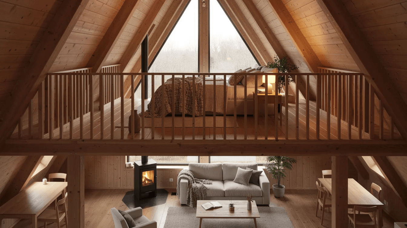 The image depicts the interior of an A frame house showcasing a spacious great room below with large windows that allow natural light to flood in while a cozy loft bedroom above features wooden railings that enhance the open layout This design exemplifies the charm of frame houses making it a perfect dream home for families