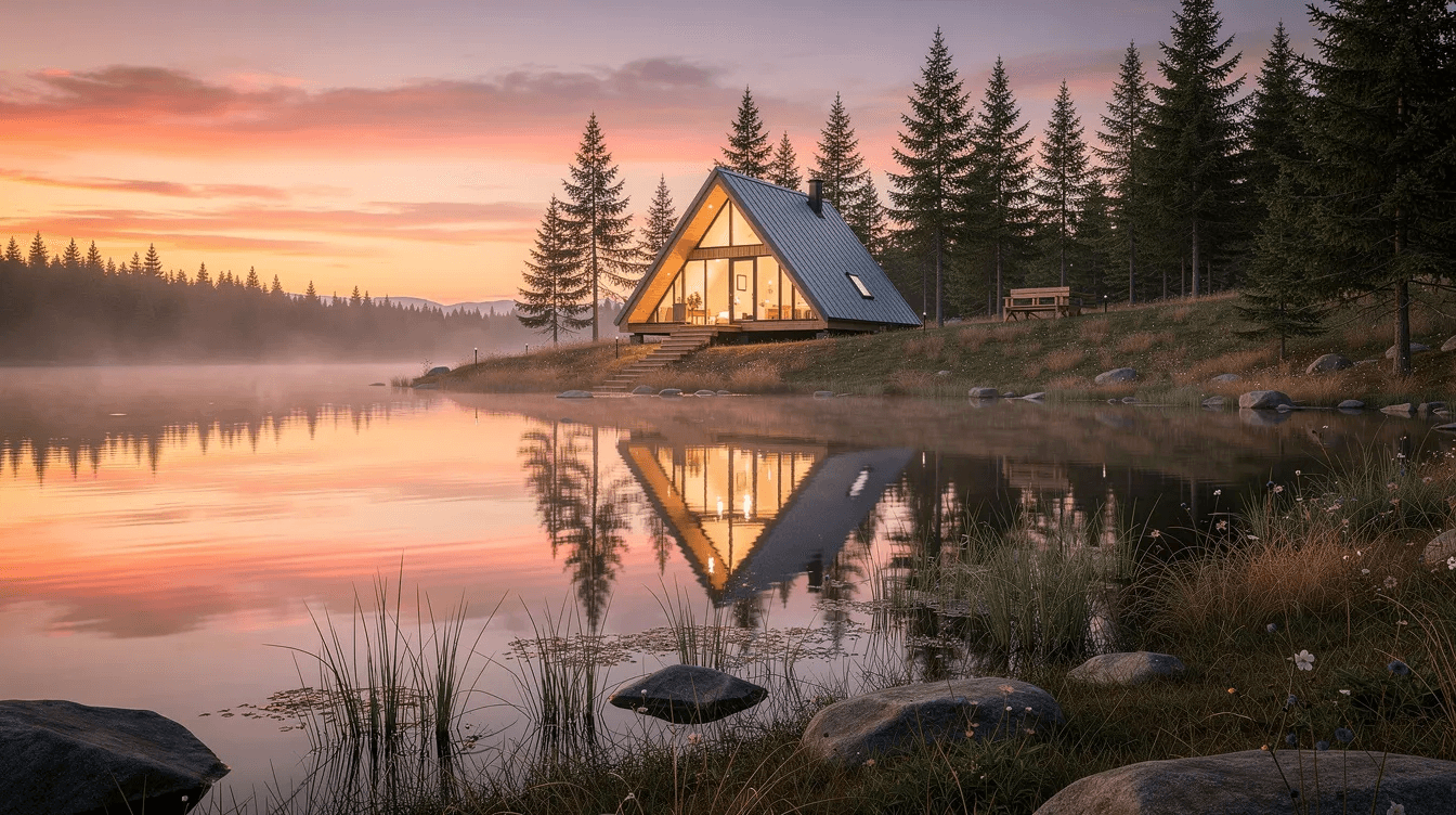 The image depicts a charming A frame home at sunset situated near a tranquil lake that reflects the vibrant colors of the sky This vacation home features large windows and a steeply angled roofline highlighting its energy efficient design and connection to nature