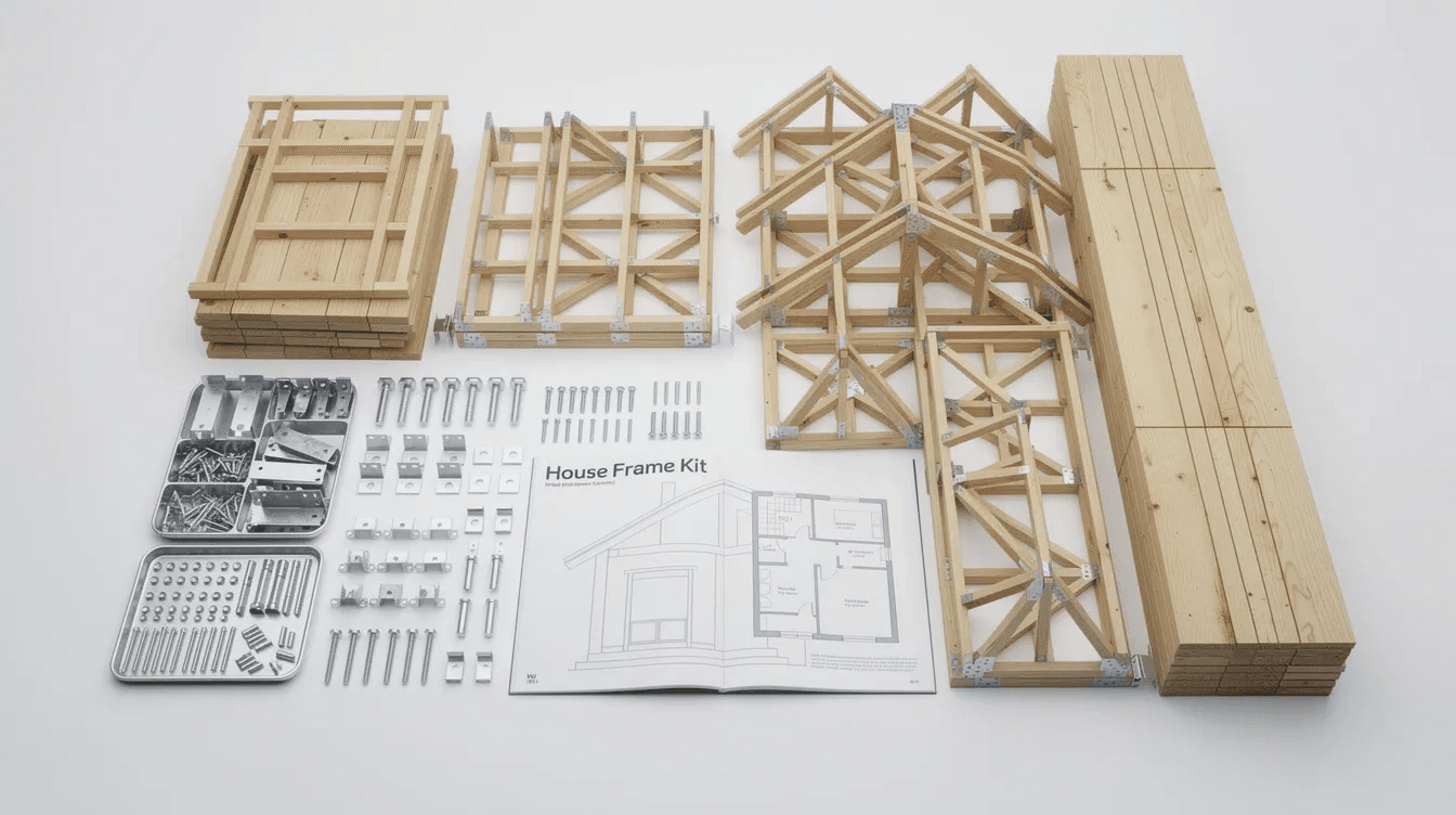 533e299acc8d4f2a94a39e3cb30633b7 The image depicts a complete house frame kit showcasing pre cut timber components neatly arranged for easy assembly Detailed instructions and specifications accompany the kit ensuring a smooth construction process for building a quality home with customizable options