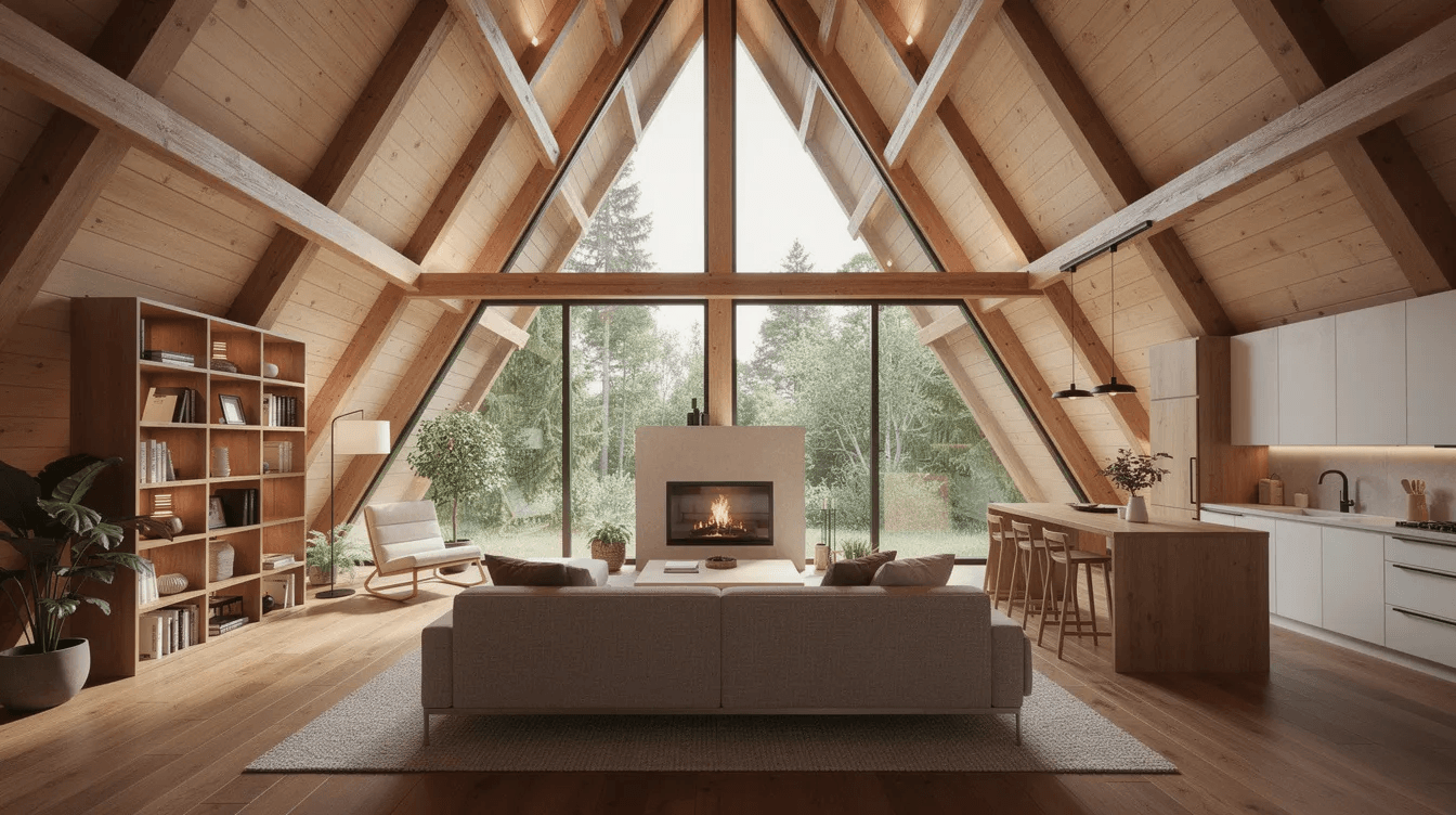 535abcff831f40aaa266177e3fa8b5b5 The image showcases the interior of a frame house featuring sloping walls and large windows that allow natural light to flood the living space The design incorporates earthy tones and natural materials creating an airy feel that complements the contemporary architectural details and enhances the warmth of the home