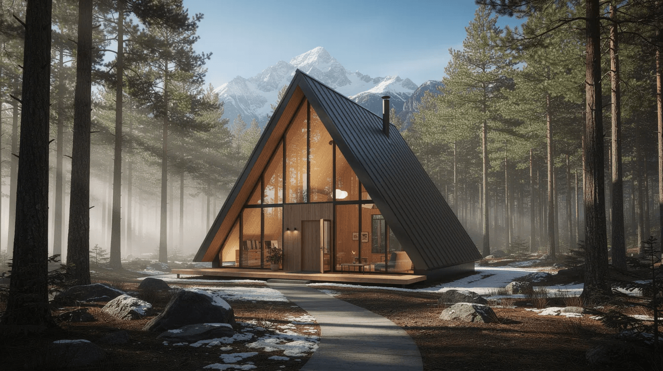 53d1dd32597a4e99b2a2af30e0d4d35b A modern A frame cabin with a steeply pitched roof is surrounded by tall pine trees set against a backdrop of snow capped mountains The cabin features large floor to ceiling windows that allow natural light to fill the living space creating a cozy atmosphere in this dream vacation home